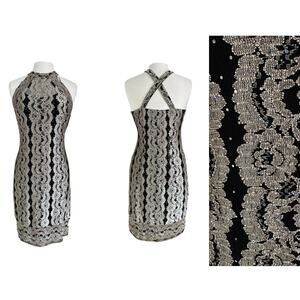 VTG Joseph Ripkoff Black Gold Lace Sequin Lace Embellished Knee Length Dress 6